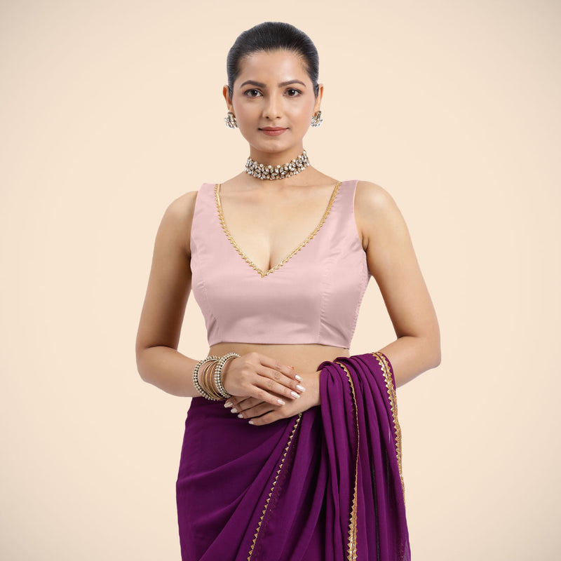 Raisa x Tyohaar | Sleeveless Baby Pink FlexiFit™ Gota Embellished Saree Blouse with Curved V-Neck-Binks
