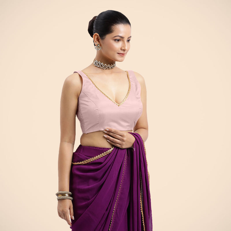 Raisa x Tyohaar | Sleeveless Baby Pink FlexiFit™ Gota Embellished Saree Blouse with Curved V-Neck-Binks