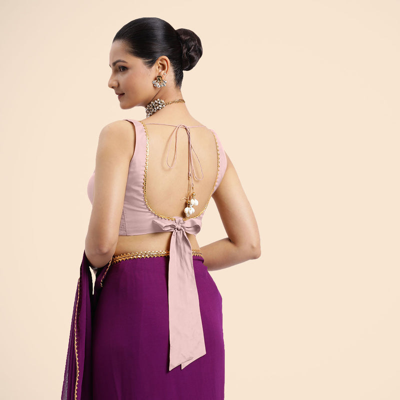 Raisa x Tyohaar | Sleeveless Baby Pink FlexiFit™ Gota Embellished Saree Blouse with Curved V-Neck-Binks