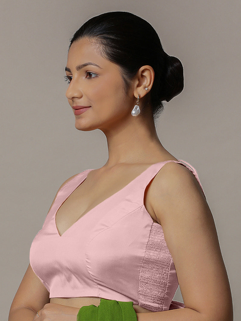 Raisa x Rozaana | Sleeveless Baby Pink FlexiFit™ Saree Blouse with Curved V-Neck-Binks