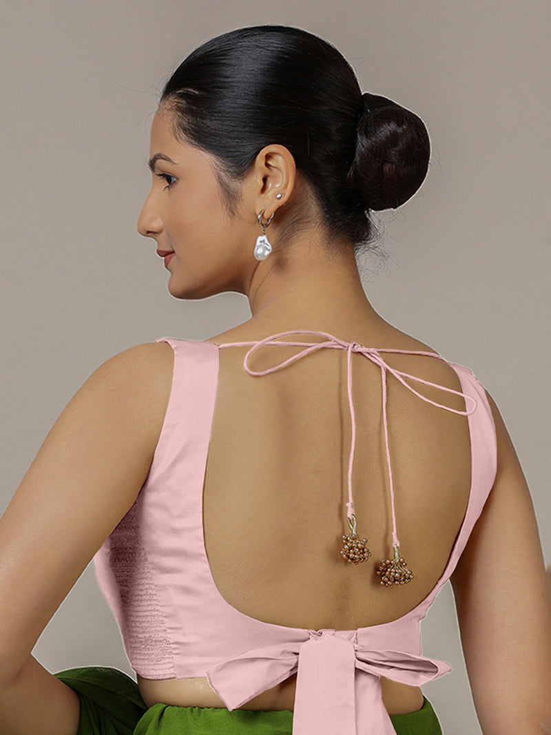 Raisa x Rozaana | Sleeveless Baby Pink FlexiFit™ Saree Blouse with Curved V-Neck-Binks