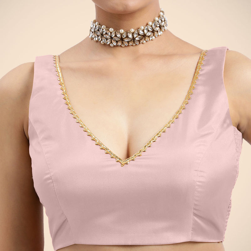 Raisa x Tyohaar | Sleeveless Baby Pink FlexiFit™ Gota Embellished Saree Blouse with Curved V-Neck-Binks