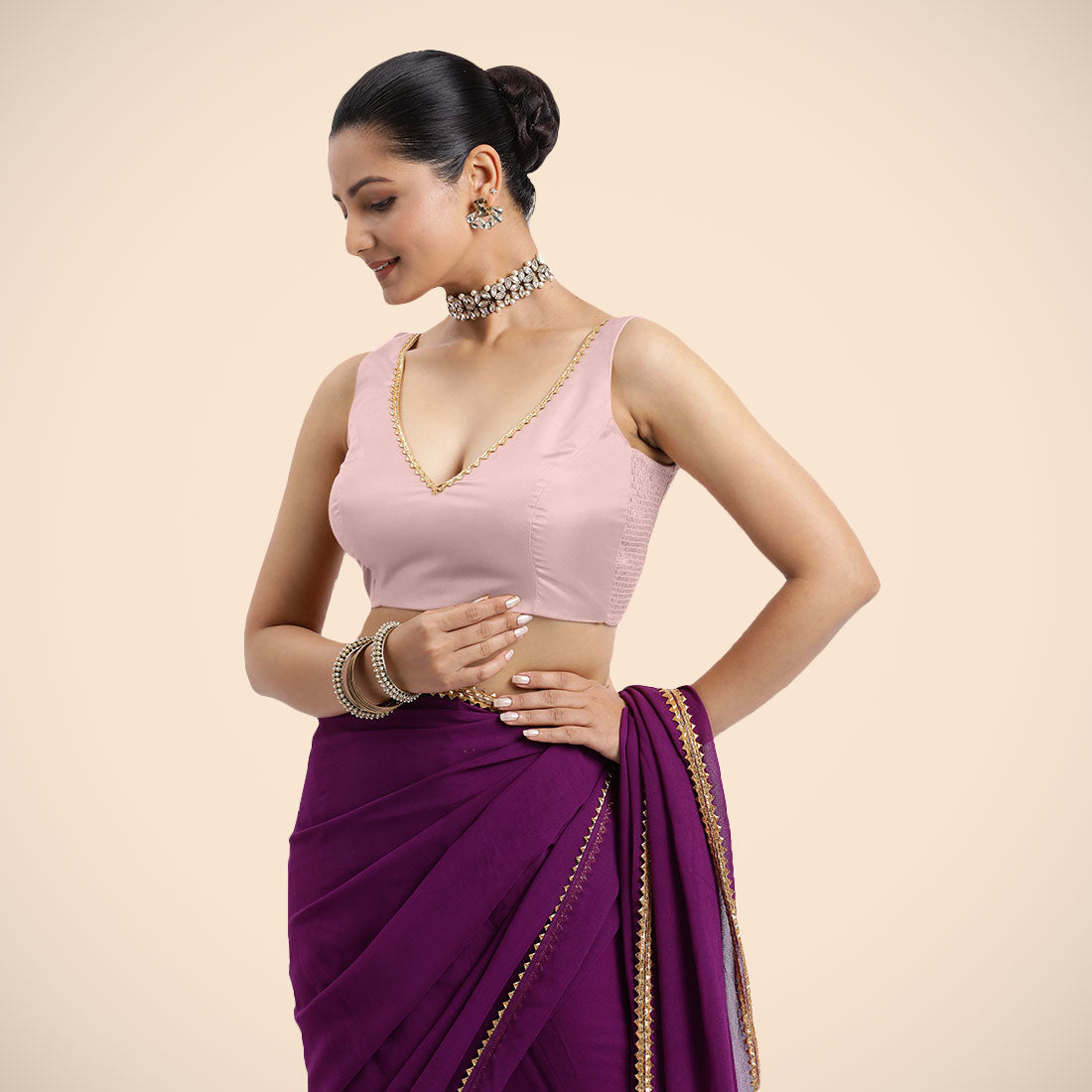 Raisa x Tyohaar Saree Blouse, in Pink Artificial Silk, featuring sleeveless and curved v-neckline, made for party & festive.