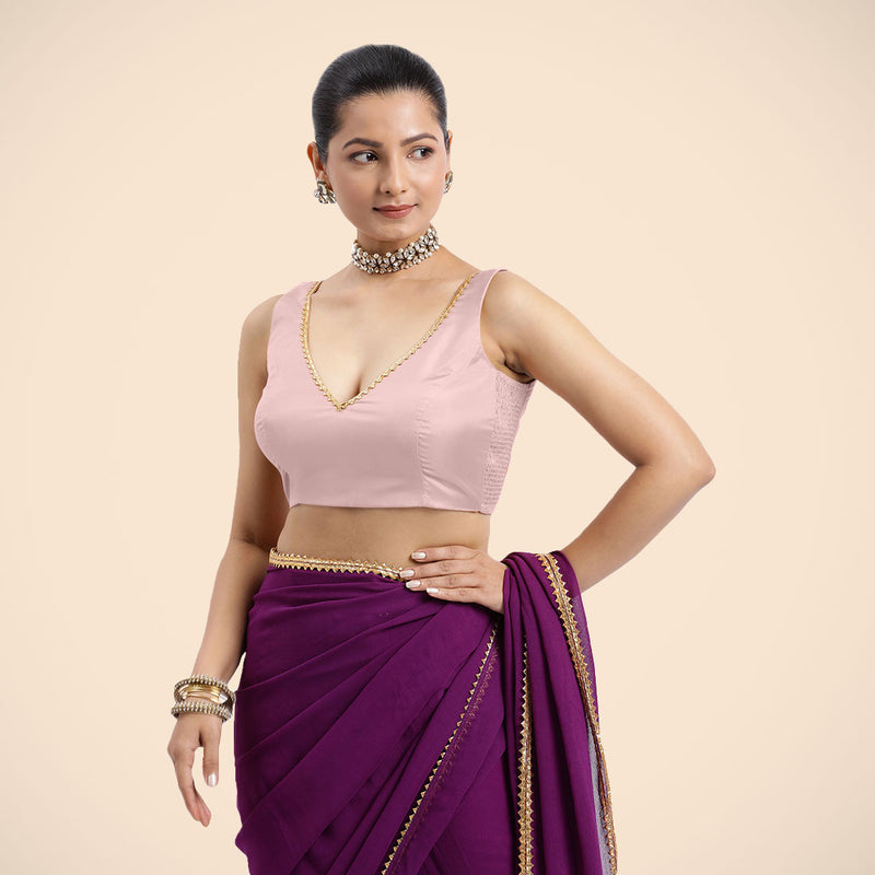 Raisa x Tyohaar | Sleeveless Baby Pink FlexiFit™ Gota Embellished Saree Blouse with Curved V-Neck-Binks