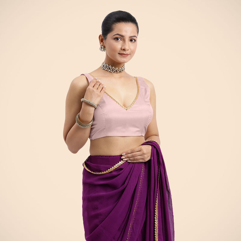 Raisa x Tyohaar | Sleeveless Baby Pink FlexiFit™ Gota Embellished Saree Blouse with Curved V-Neck-Binks