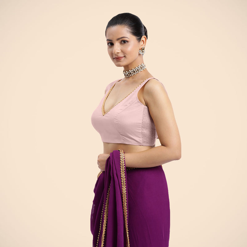 Raisa x Tyohaar | Sleeveless Baby Pink FlexiFit™ Gota Embellished Saree Blouse with Curved V-Neck-Binks
