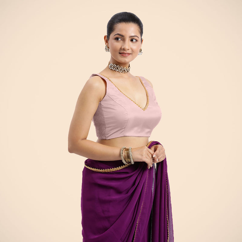 Raisa x Tyohaar | Sleeveless Baby Pink FlexiFit™ Gota Embellished Saree Blouse with Curved V-Neck-Binks