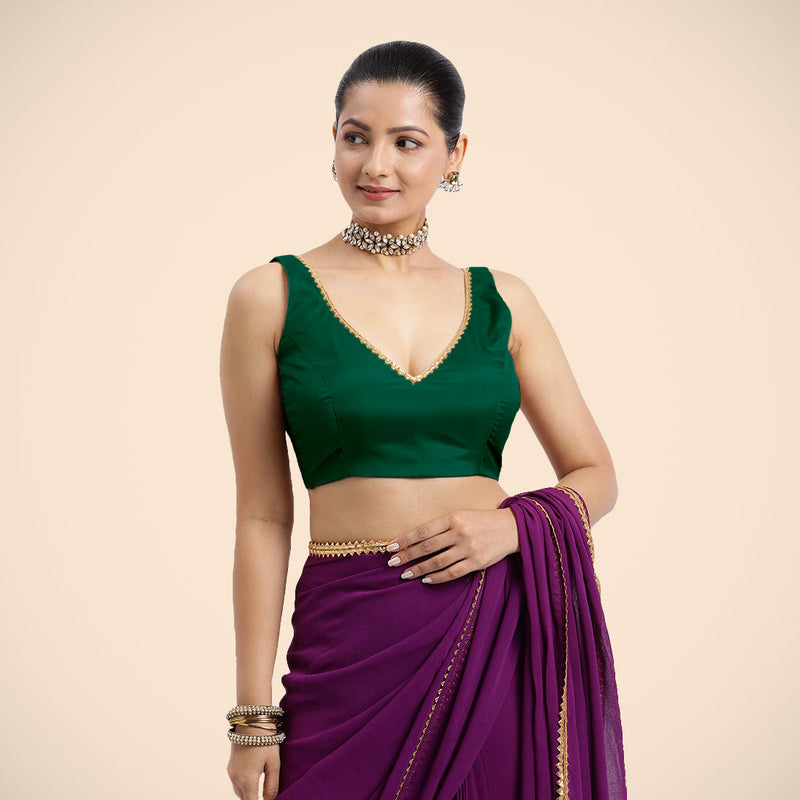 Raisa x Tyohaar | Bottle Green Sleeveless FlexiFit™ Saree Blouse with V Neckline with Golden Gota Lace Embellishment and Back Cut-out with Tie-Up-Binks