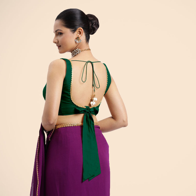 Raisa x Tyohaar | Bottle Green Sleeveless FlexiFit™ Saree Blouse with V Neckline with Golden Gota Lace Embellishment and Back Cut-out with Tie-Up-Binks