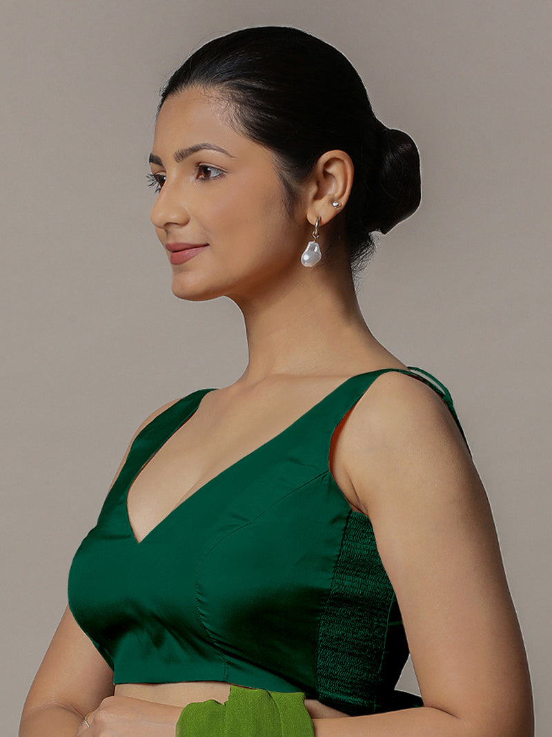 Raisa x Rozaana | Bottle Green Sleeveless FlexiFit™ Saree Blouse with Simple V Neckline and Back Cut-out with Tie-Up-Binks