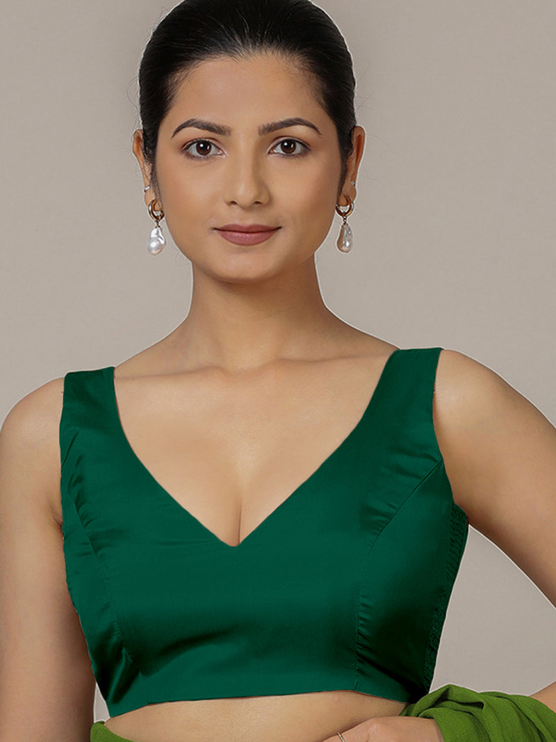 Raisa x Rozaana | Bottle Green Sleeveless FlexiFit™ Saree Blouse with Simple V Neckline and Back Cut-out with Tie-Up-Binks