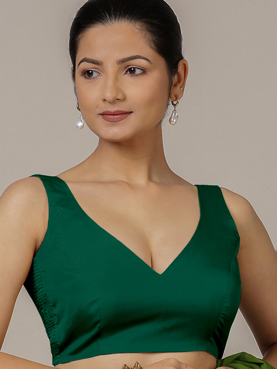 Raisa x Rozaana Saree Blouse, in Green Vegan Silk, featuring sleeveless and curved v-neckline, made for party & festive.
