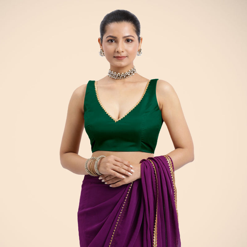 Raisa x Tyohaar | Bottle Green Sleeveless FlexiFit™ Saree Blouse with V Neckline with Golden Gota Lace Embellishment and Back Cut-out with Tie-Up-Binks