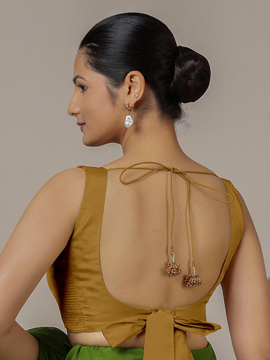 Raisa x Rozaana Saree Blouse, in Gold Vegan Silk, featuring sleeveless and curved v-neckline, made for party & festive (view 2).