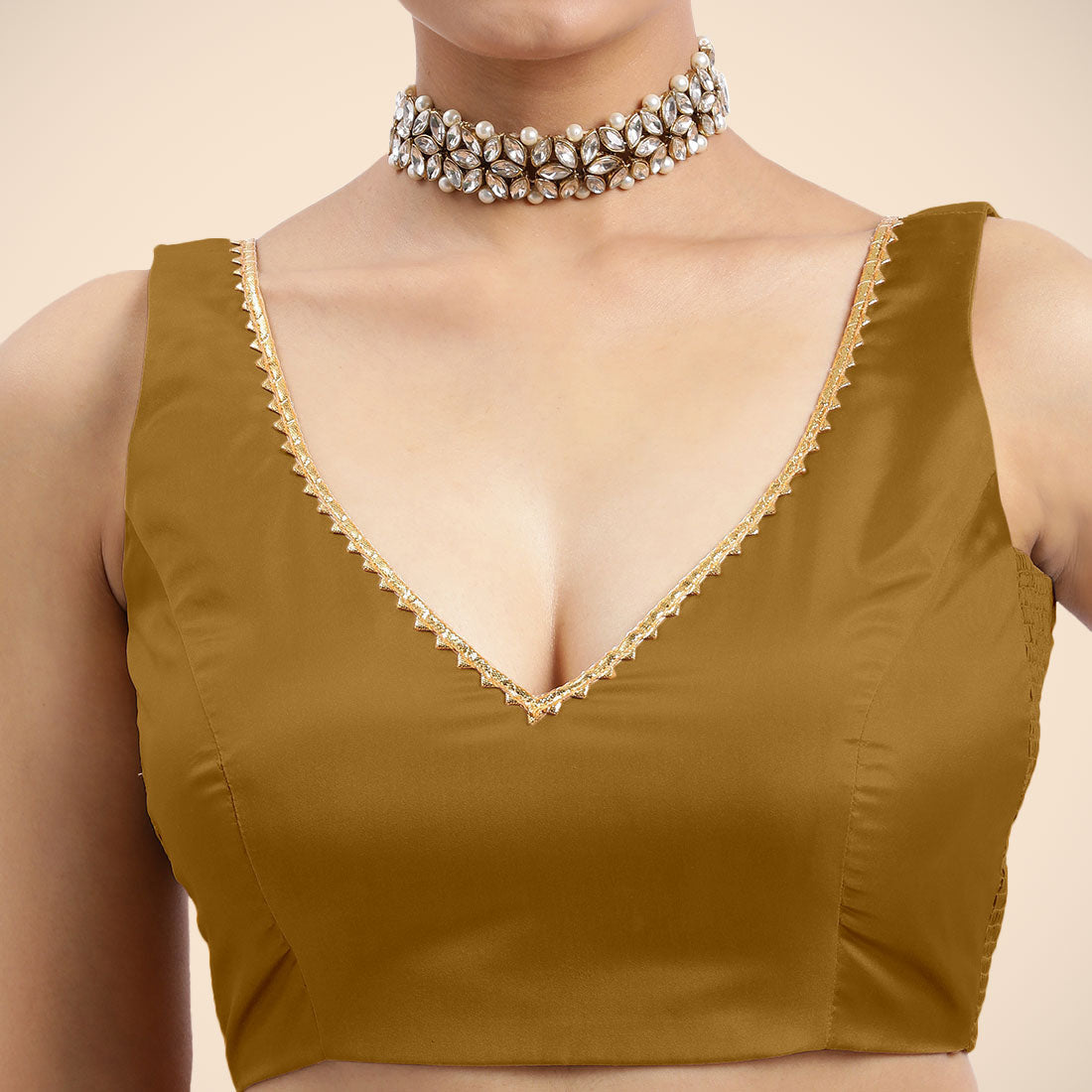 Raisa x Tyohaar Saree Blouse, in Gold Vegan Silk, featuring sleeveless and curved v-neckline, made for party & festive (view 6).