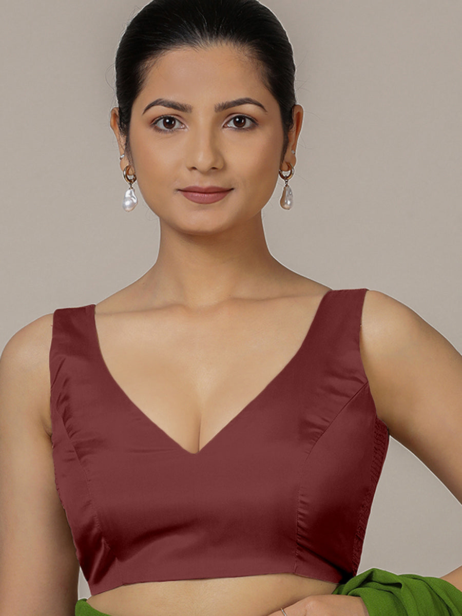 Raisa x Rozaana Saree Blouse, in Maroon Vegan Silk, featuring sleeveless and curved v-neckline, made for party & festive.