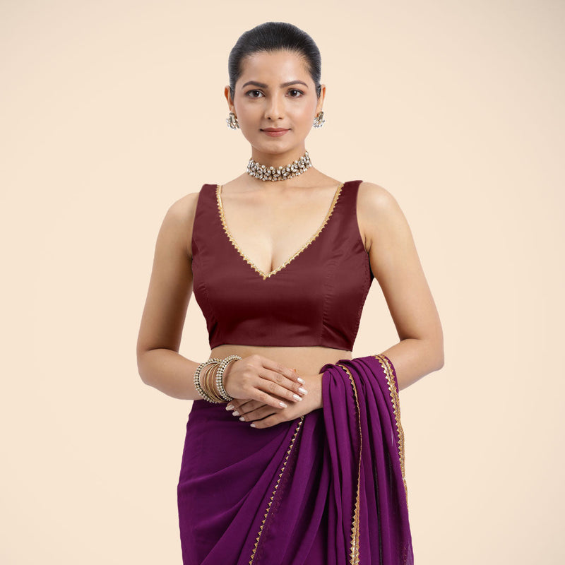 Raisa x Tyohaar | Burgundy Sleeveless FlexiFit™ Saree Blouse with V Neckline with Golden Gota Lace Embellishment and Back Cut-out with Tie-Up-Binks