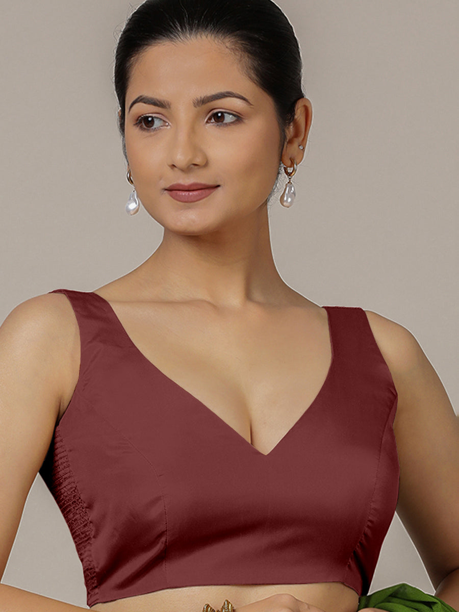 Raisa x Rozaana Saree Blouse, in Maroon Vegan Silk, featuring sleeveless and curved v-neckline, made for party & festive.