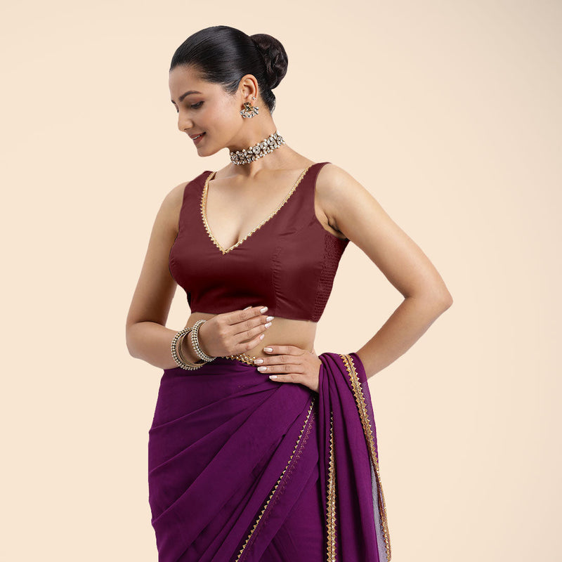 Raisa x Tyohaar | Burgundy Sleeveless FlexiFit™ Saree Blouse with V Neckline with Golden Gota Lace Embellishment and Back Cut-out with Tie-Up-Binks