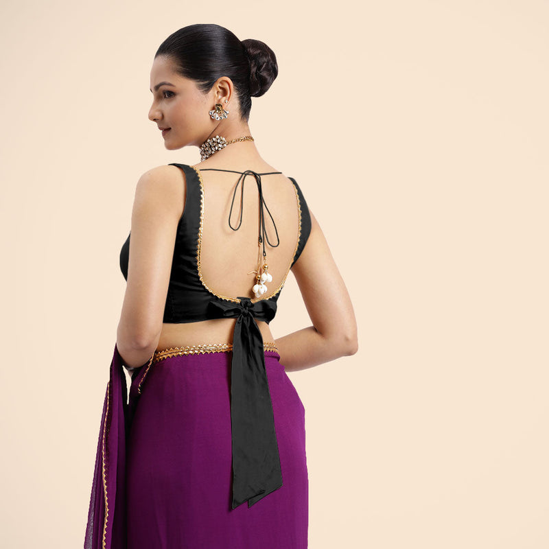 Raisa x Tyohaar | Charcoal Black Sleeveless FlexiFit™ Saree Blouse with V Neckline with Golden Gota Lace Embellishment and Back Cut-out with Tie-Up-Binks