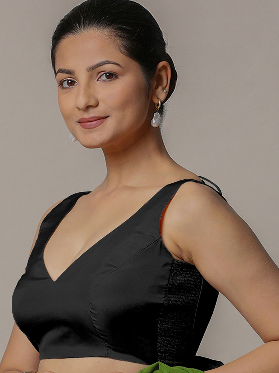Raisa x Rozaana Saree Blouse, in Black Vegan Silk, featuring sleeveless and curved v-neckline, made for party & festive.
