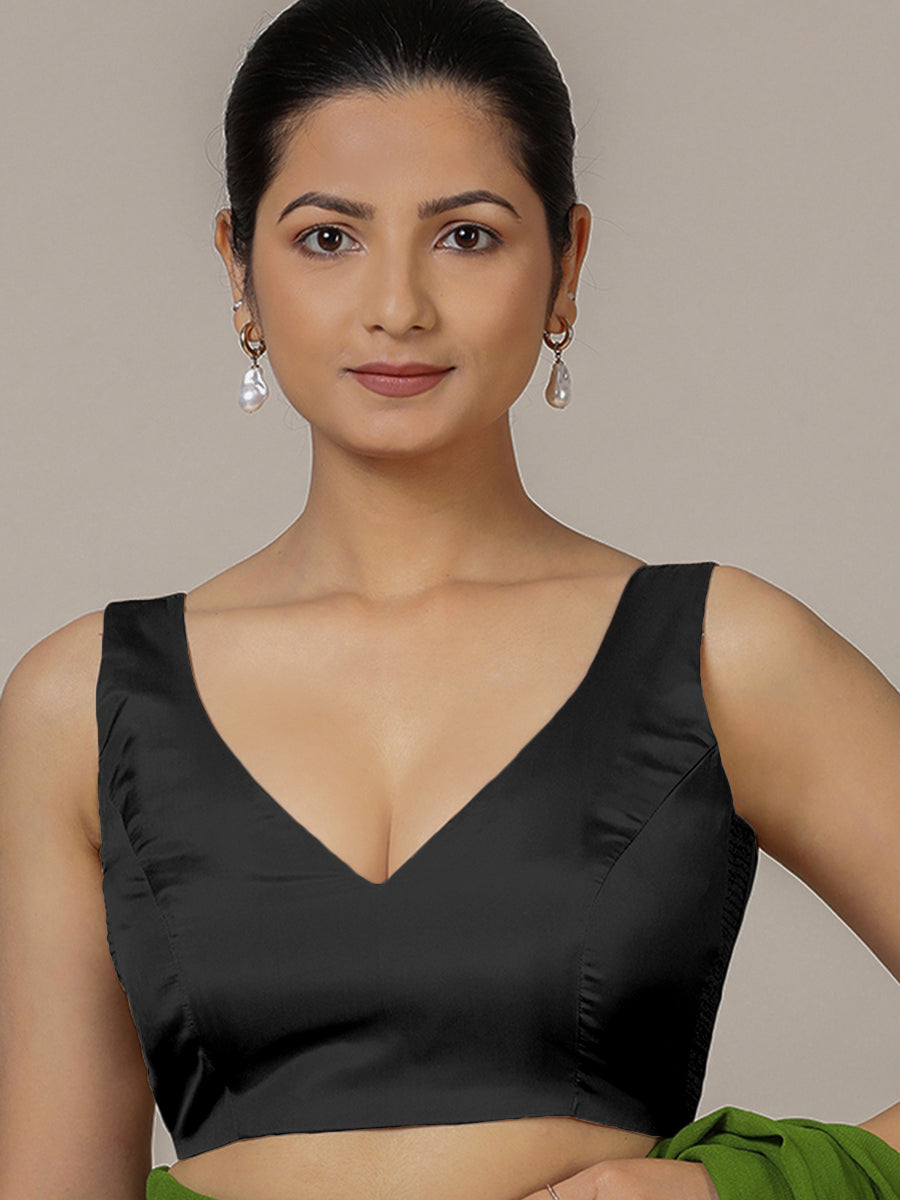 Raisa x Rozaana Saree Blouse, in Black Vegan Silk, featuring sleeveless and curved v-neckline, made for party & festive.