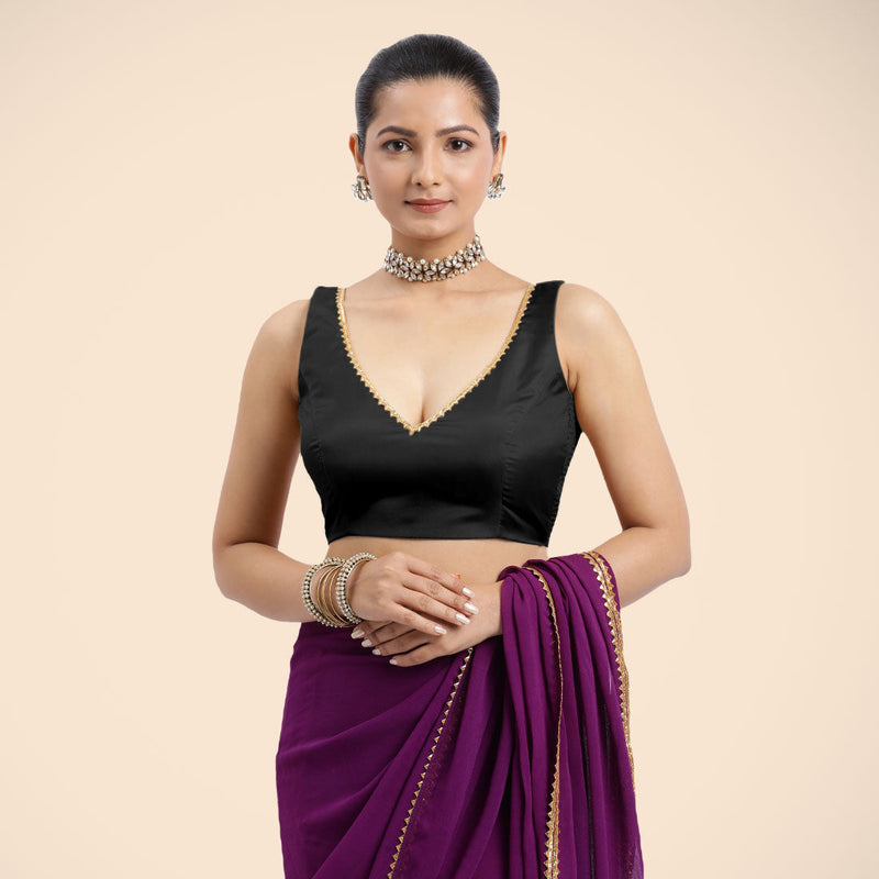 Raisa x Tyohaar | Charcoal Black Sleeveless FlexiFit™ Saree Blouse with V Neckline with Golden Gota Lace Embellishment and Back Cut-out with Tie-Up-Binks