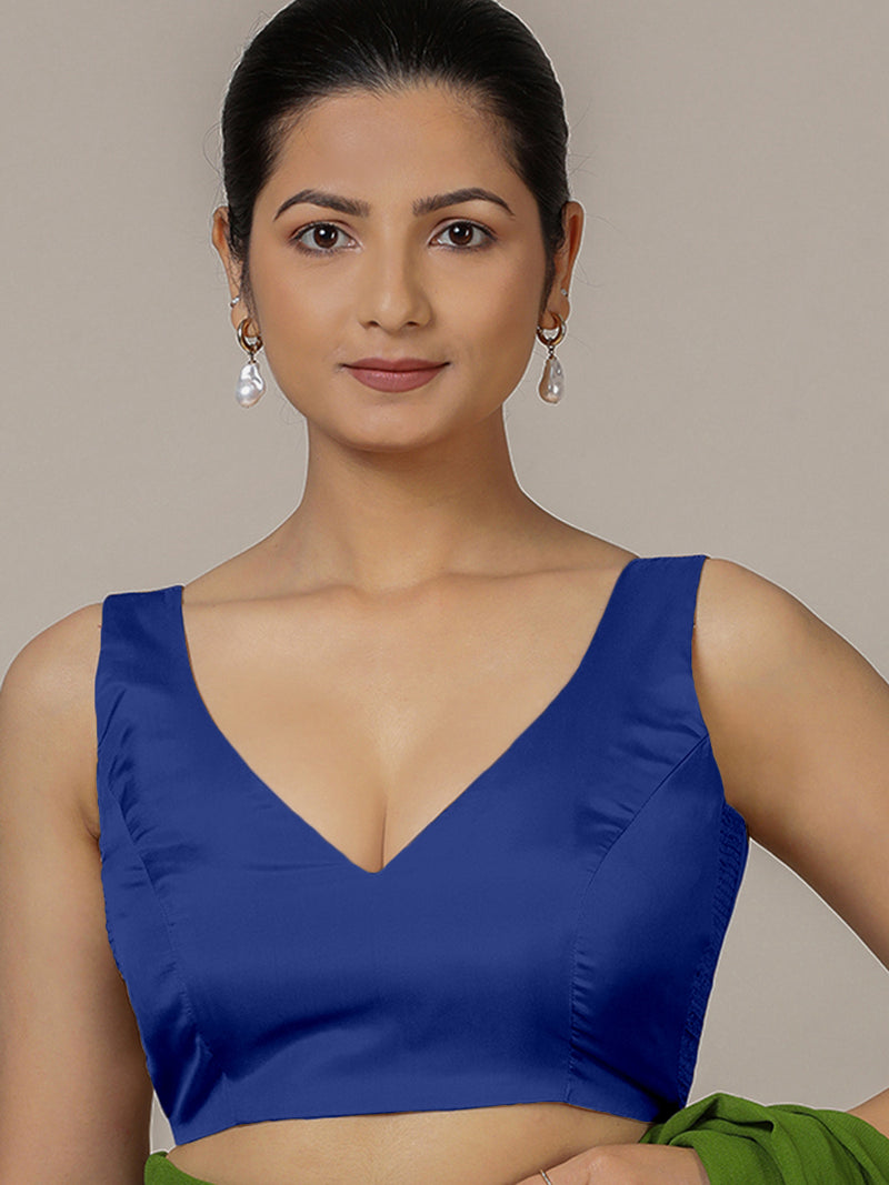 Raisa x Rozaana | Cobalt Blue Sleeveless FlexiFit™ Saree Blouse with Simple V Neckline and Back Cut-out with Tie-Up-Binks