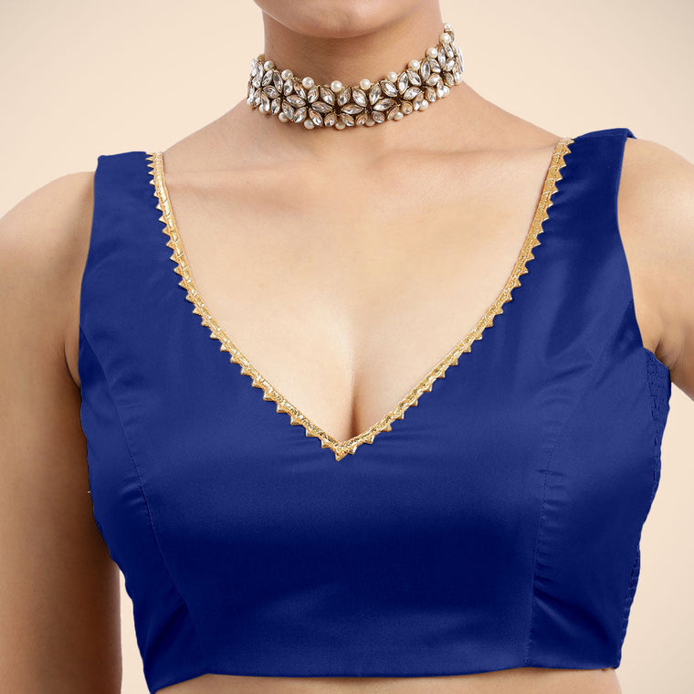Raisa x Tyohaar Saree Blouse, in Blue Vegan Silk, featuring sleeveless and curved v-neckline, made for party & festive (view 3).
