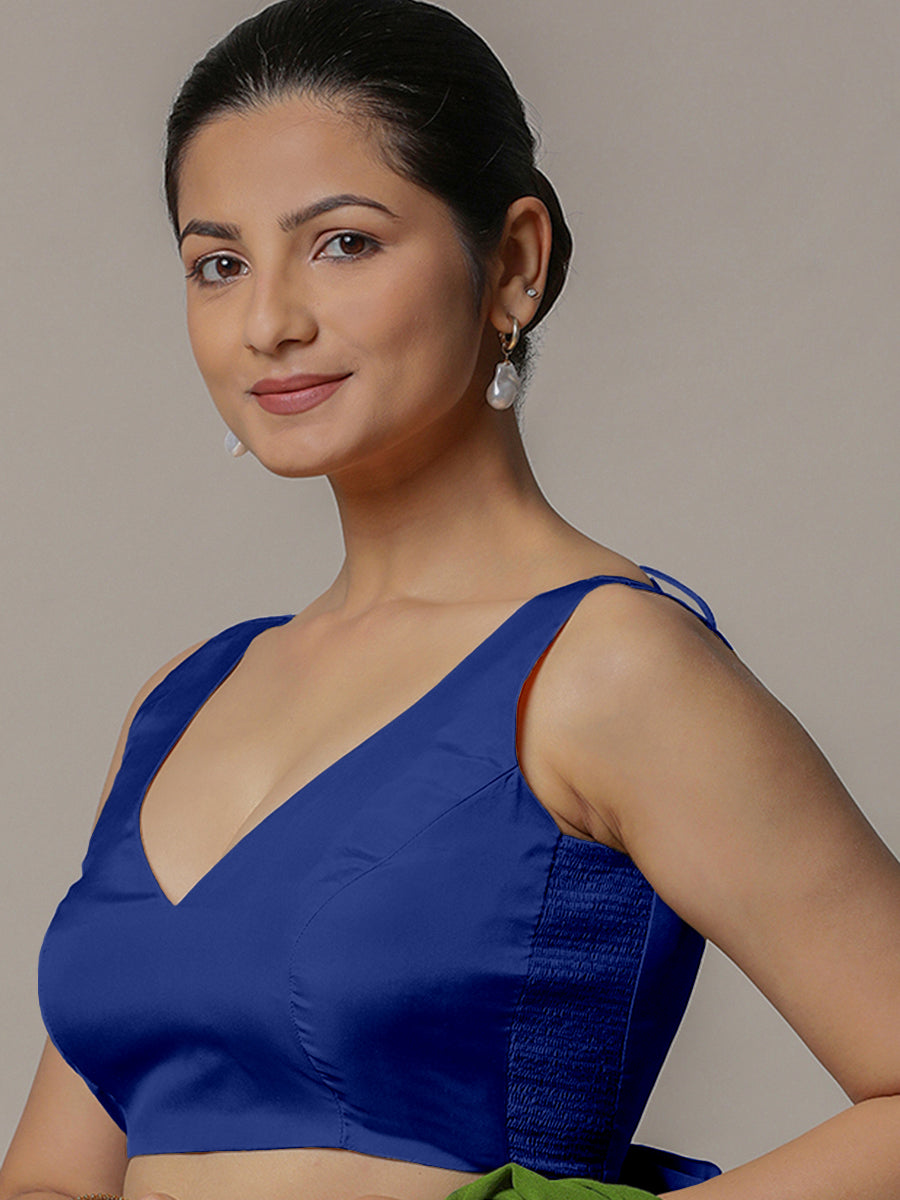 Raisa x Rozaana Saree Blouse, in Blue Vegan Silk, featuring sleeveless and curved v-neckline, made for party & festive (view 4).