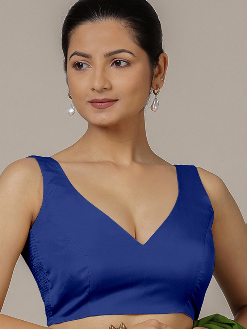 Raisa x Rozaana | Cobalt Blue Sleeveless FlexiFit™ Saree Blouse with Simple V Neckline and Back Cut-out with Tie-Up-Binks