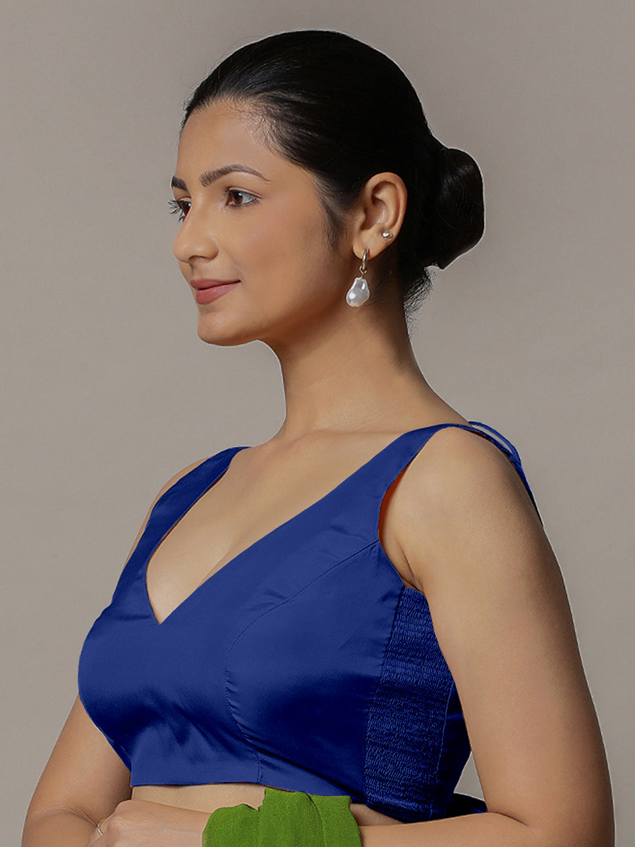 Raisa x Rozaana Saree Blouse, in Blue Vegan Silk, featuring sleeveless and curved v-neckline, made for party & festive (view 6).