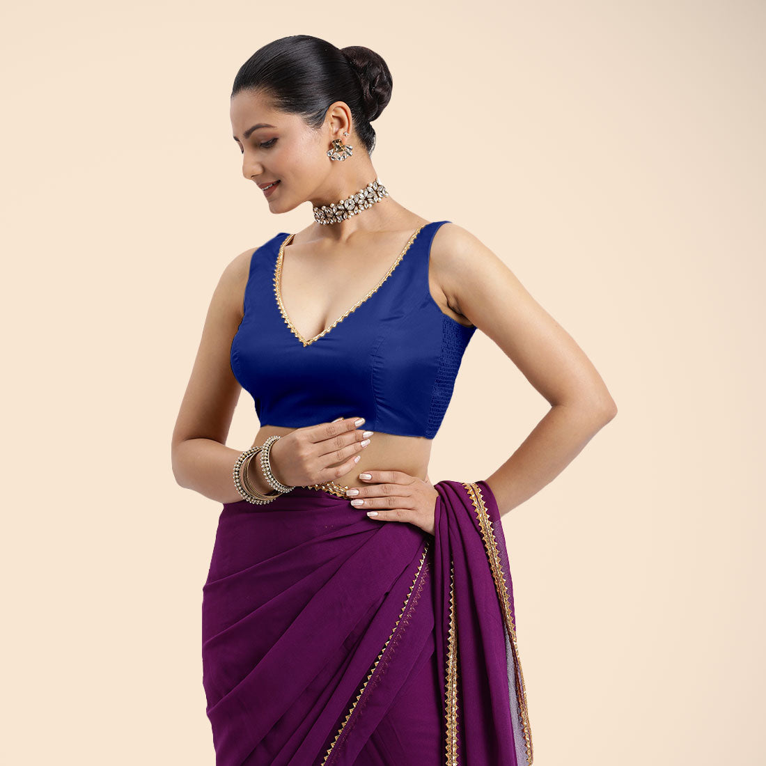 Raisa x Tyohaar Saree Blouse, in Blue Vegan Silk, featuring sleeveless and curved v-neckline, made for party & festive (view 6).