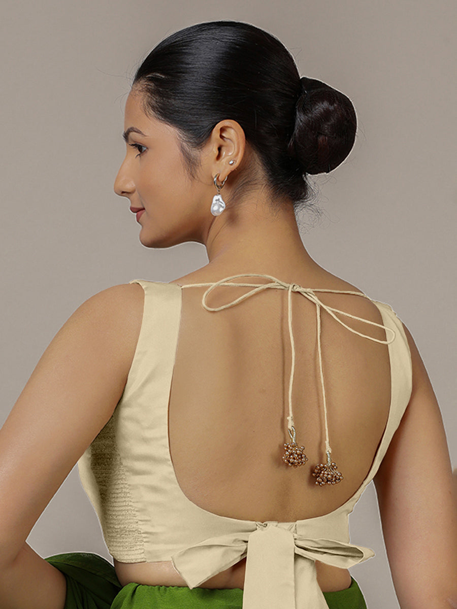 Raisa x Rozaana Saree Blouse, in Cream Vegan Silk, featuring sleeveless and curved v-neckline, made for party & festive.
