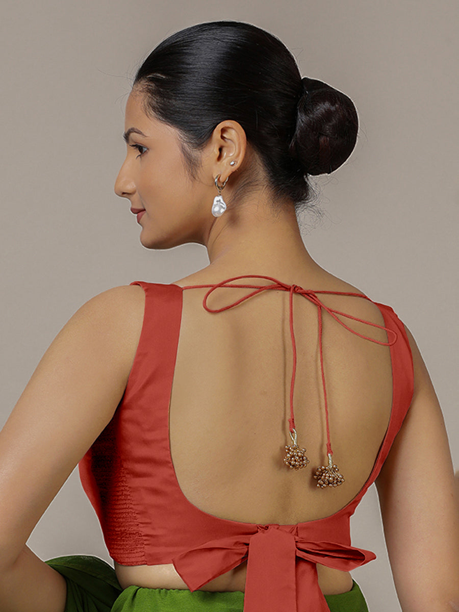Raisa x Rozaana Saree Blouse, in Red Vegan Silk, featuring sleeveless and curved v-neckline, made for party & festive (view 2).