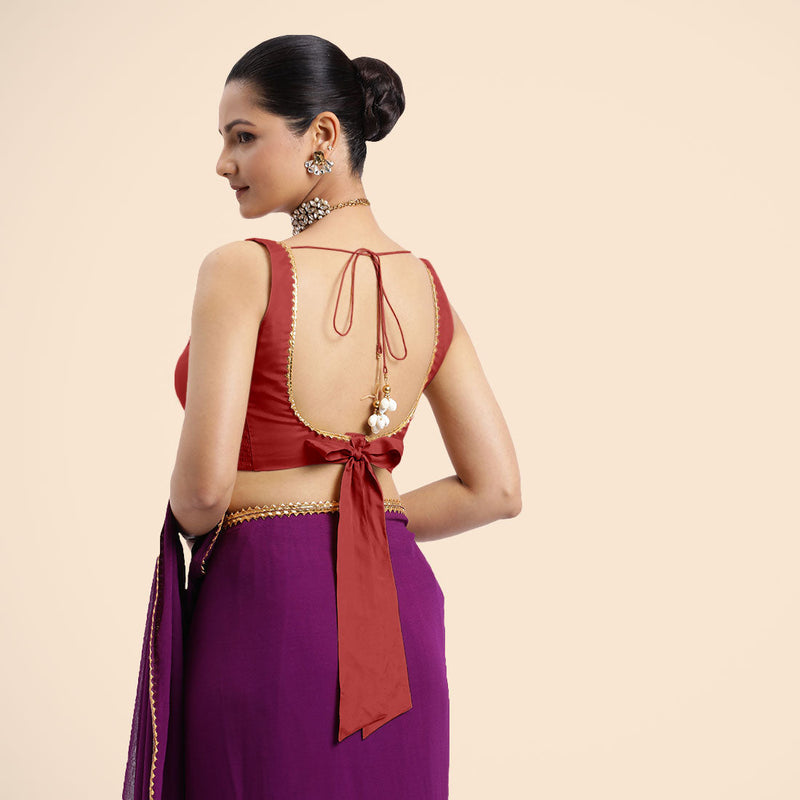 Raisa x Tyohaar | Crimson Red Sleeveless FlexiFit™ Saree Blouse with V Neckline with Golden Gota Lace Embellishment and Back Cut-out with Tie-Up-Binks