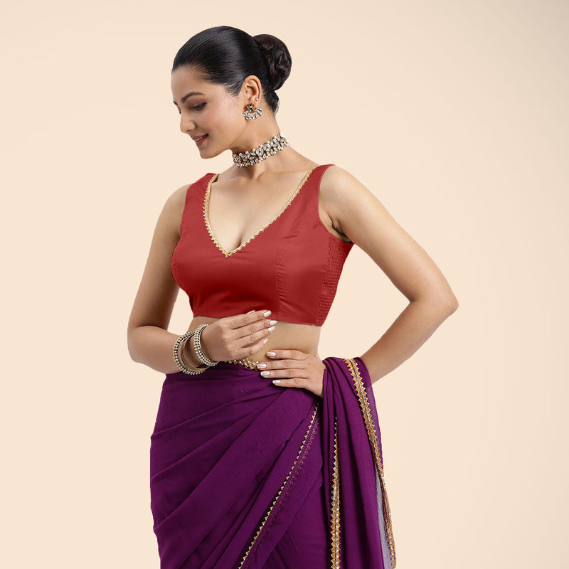 Raisa x Tyohaar | Crimson Red Sleeveless FlexiFit™ Saree Blouse with V Neckline with Golden Gota Lace Embellishment and Back Cut-out with Tie-Up-Binks
