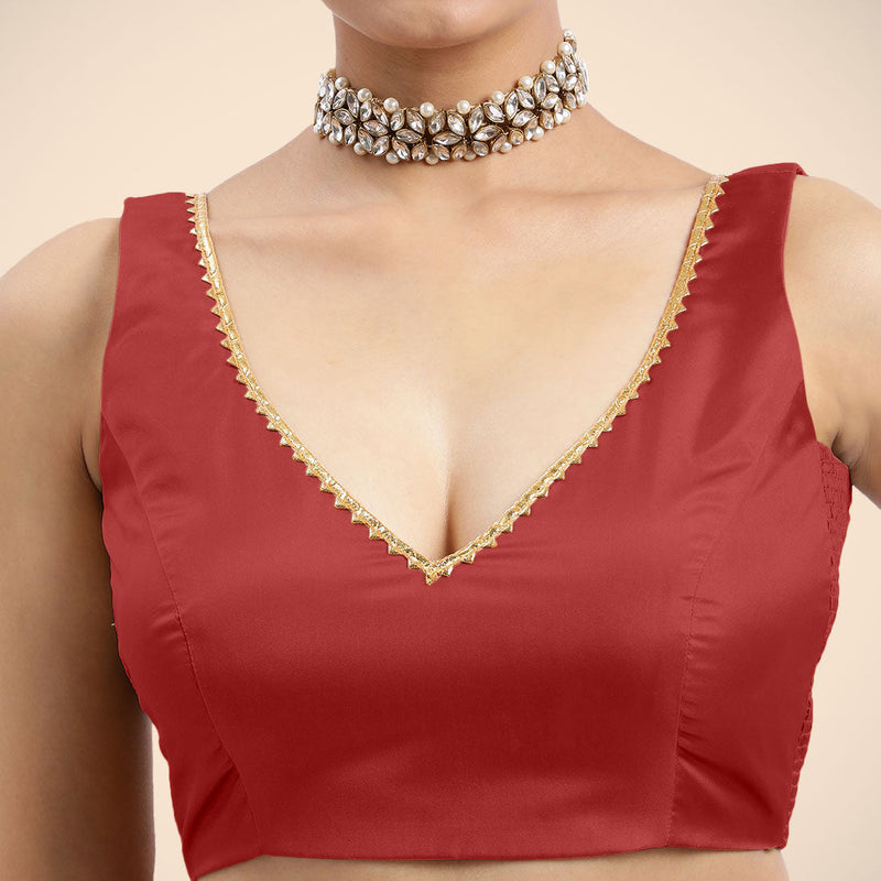 Raisa x Tyohaar | Crimson Red Sleeveless FlexiFit™ Saree Blouse with V Neckline with Golden Gota Lace Embellishment and Back Cut-out with Tie-Up-Binks