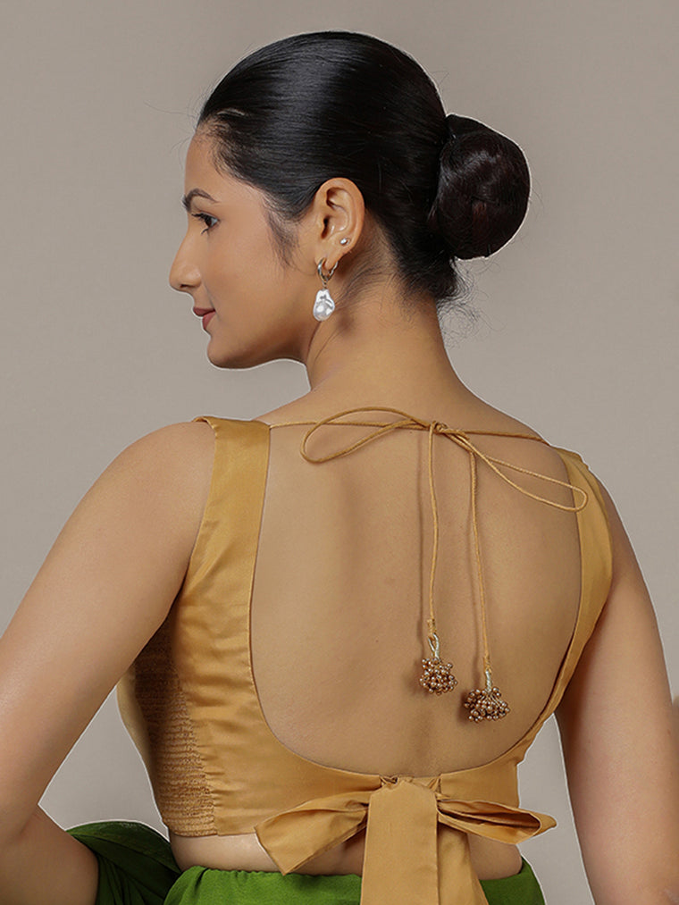 Raisa x Rozaana Saree Blouse, in Gold Vegan Silk, featuring sleeveless and curved v-neckline, made for party & festive (view 2).