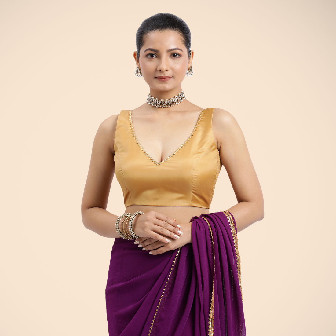 Raisa x Tyohaar Saree Blouse, in Gold Vegan Silk, featuring sleeveless and curved v-neckline, made for party & festive (view 5).