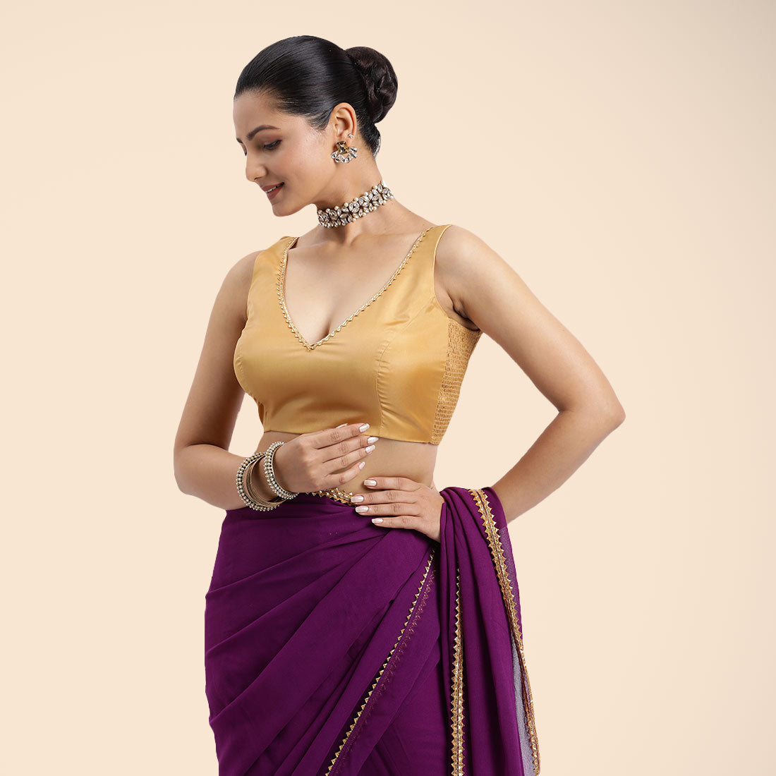 Raisa x Tyohaar Saree Blouse, in Gold Vegan Silk, featuring sleeveless and curved v-neckline, made for party & festive (view 6).