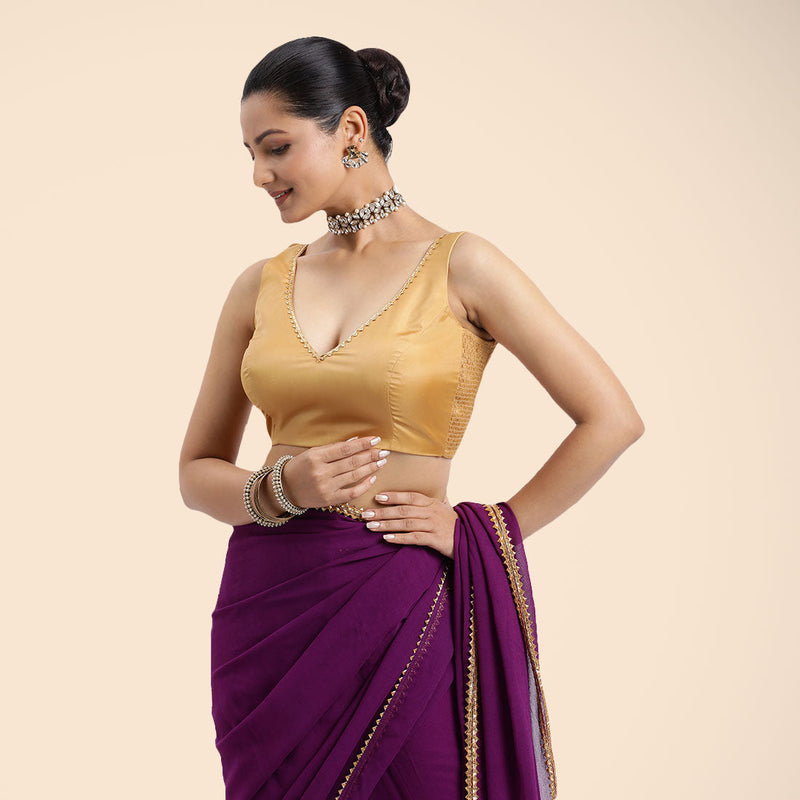 Raisa x Tyohaar | Gold Sleeveless FlexiFit™ Saree Blouse with V Neckline with Golden Gota Lace Embellishment and Back Cut-out with Tie-Up-Binks