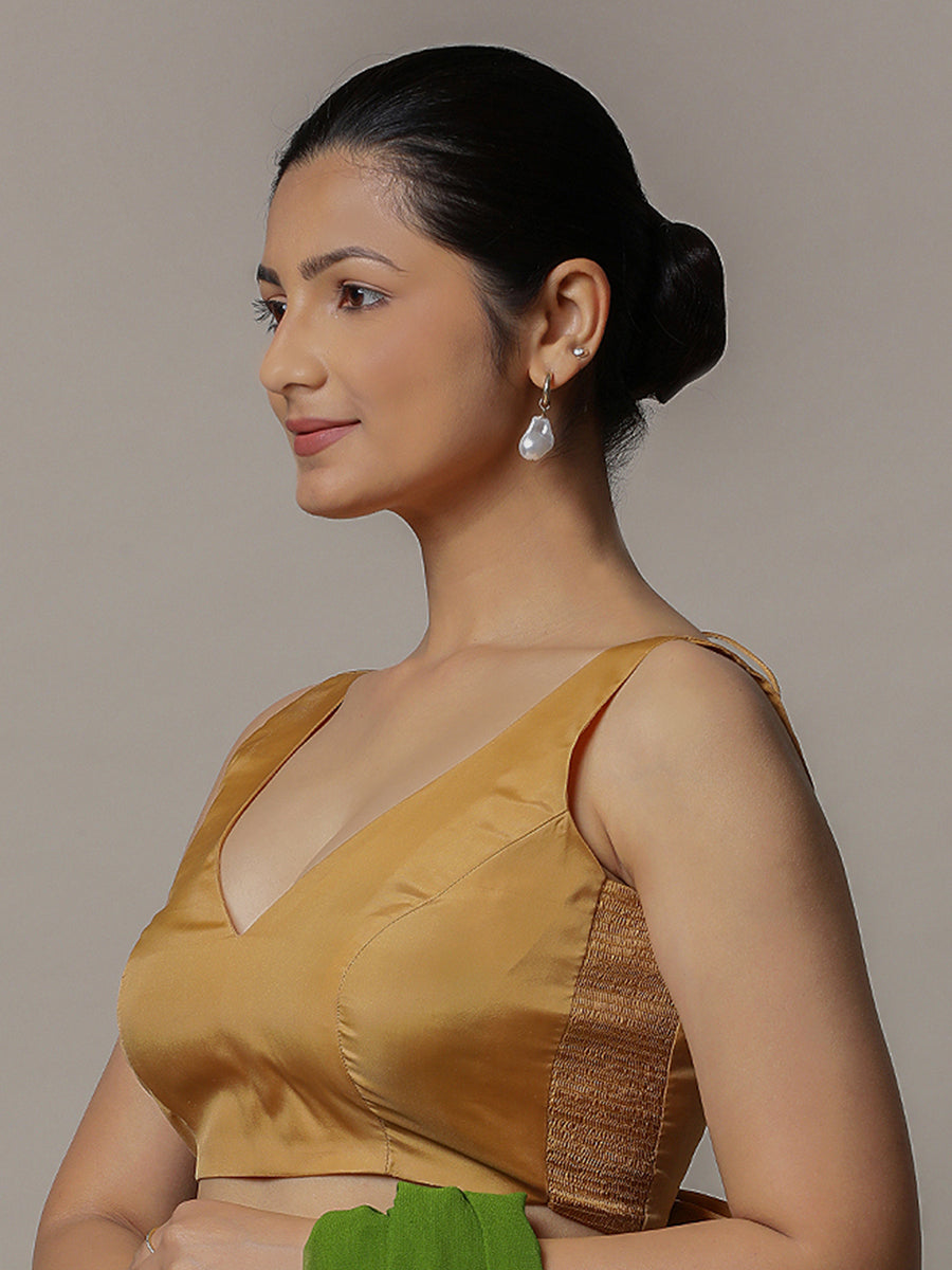 Raisa x Rozaana Saree Blouse, in Gold Vegan Silk, featuring sleeveless and curved v-neckline, made for party & festive (view 7).