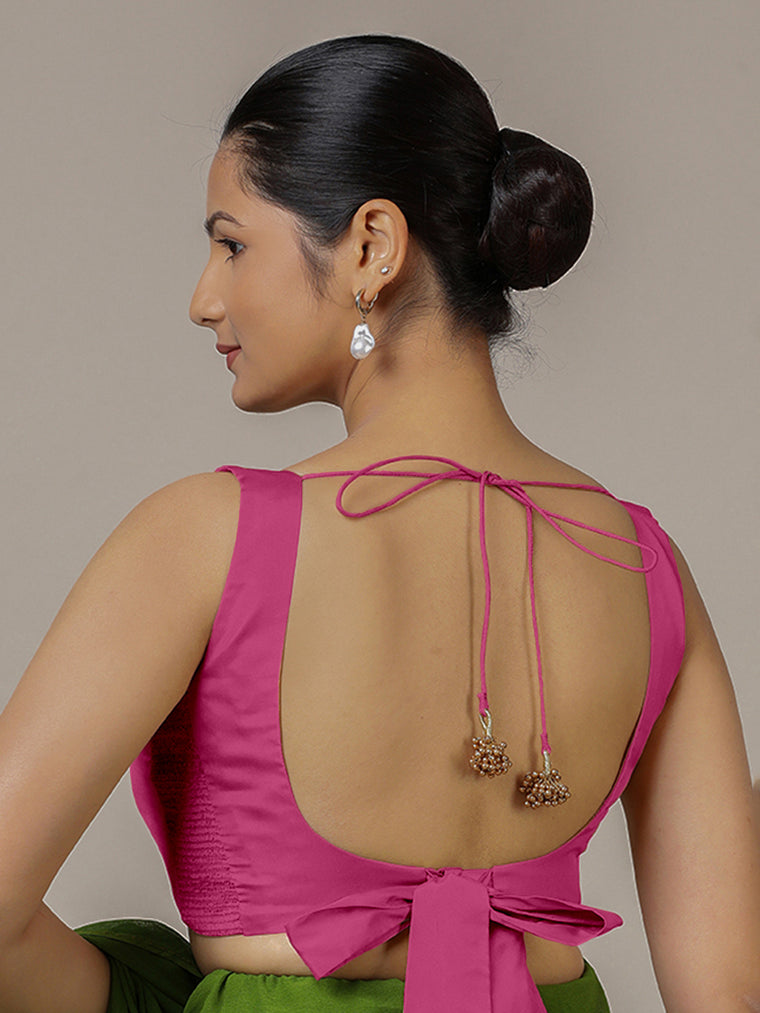 Raisa x Rozaana Saree Blouse, in Pink Artificial Silk, featuring sleeveless and curved v-neckline, made for party & festive.