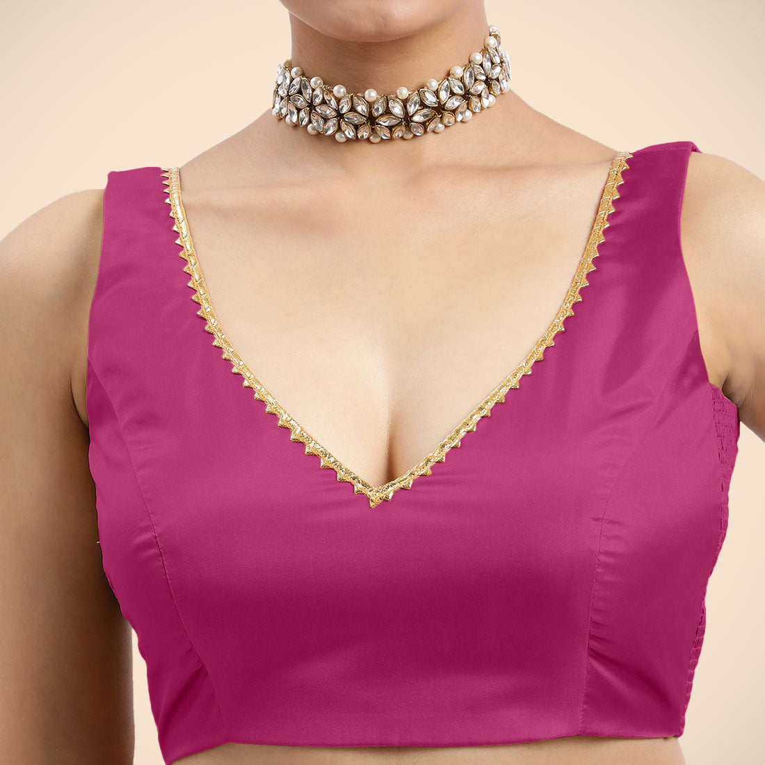 Raisa x Tyohaar Saree Blouse, in Pink Artificial Silk, featuring sleeveless and curved v-neckline, made for party & festive.