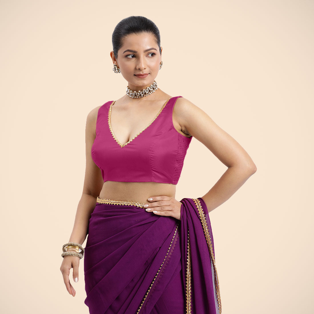 Raisa x Tyohaar Saree Blouse, in Pink Artificial Silk, featuring sleeveless and curved v-neckline, made for party & festive.