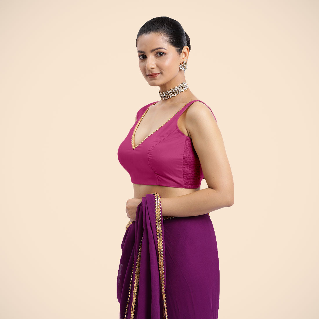 Raisa x Tyohaar Saree Blouse, in Pink Artificial Silk, featuring sleeveless and curved v-neckline, made for party & festive.