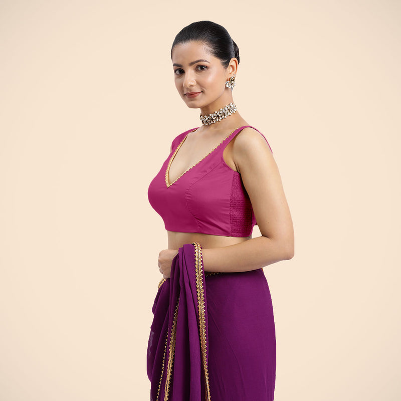 Raisa x Tyohaar | Sleeveless Hot Pink FlexiFit™ Gota Embellished Saree Blouse with Curved V-Neck-Binks