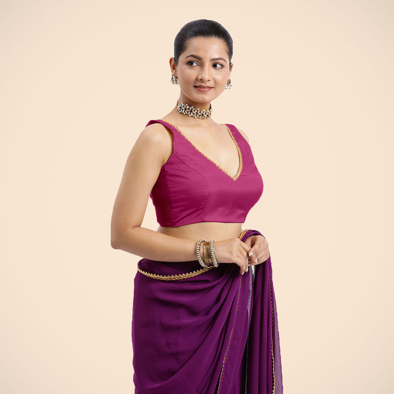 Raisa x Tyohaar | Sleeveless Hot Pink FlexiFit™ Gota Embellished Saree Blouse with Curved V-Neck-Binks