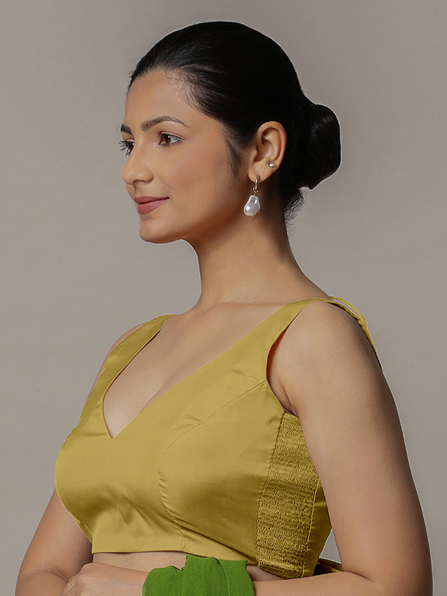 Raisa x Rozaana Saree Blouse, in Yellow Vegan Silk, featuring sleeveless and curved v-neckline, made for party & festive.